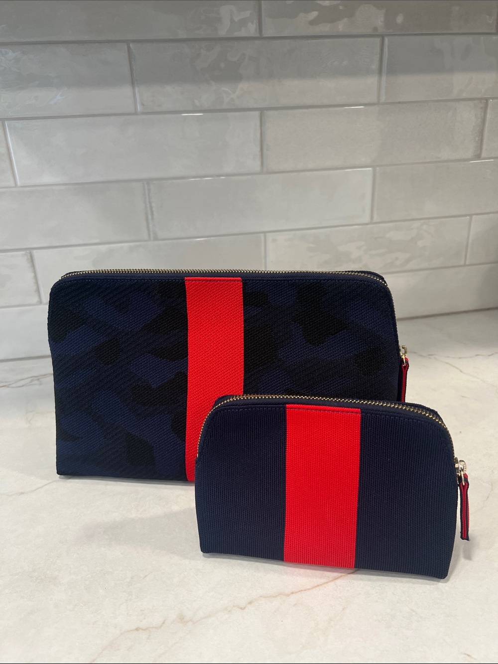Rothy's Navy Toiletry Pouches with Red Center Stripe